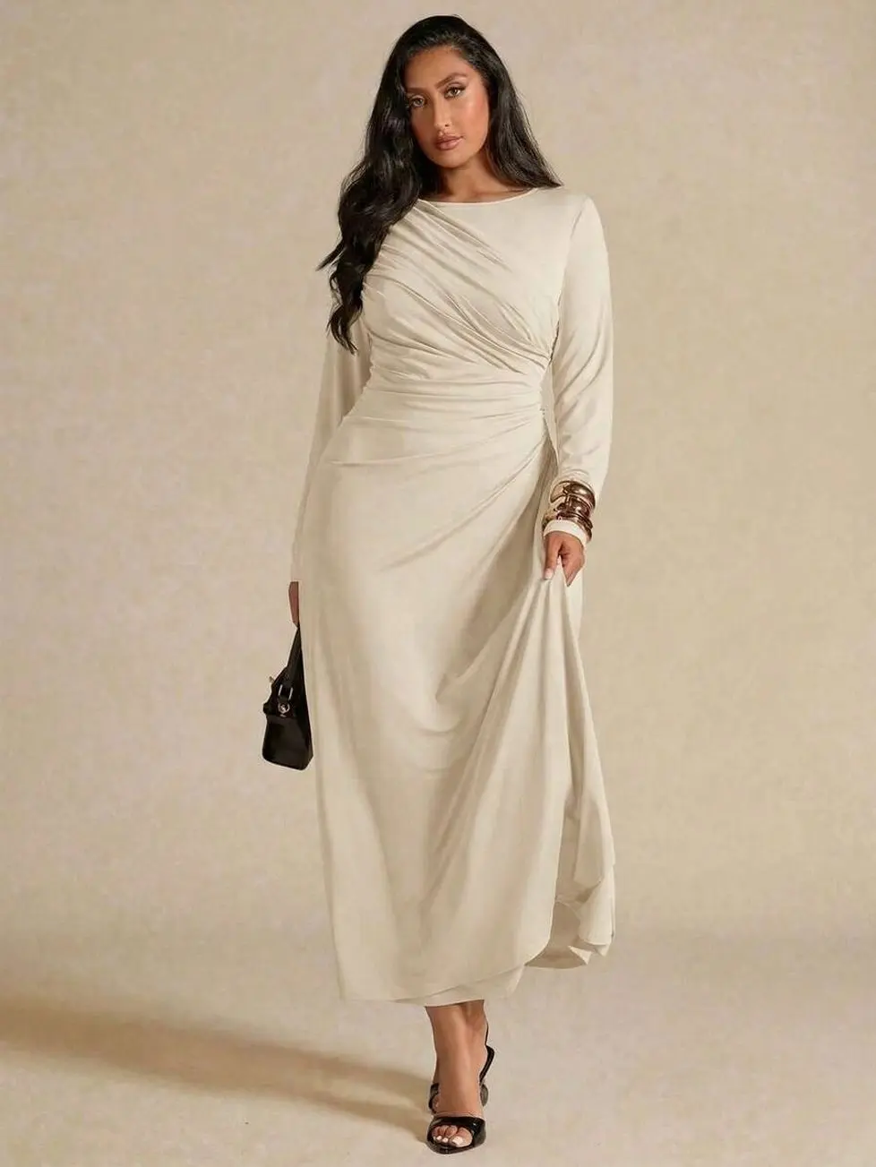 Plus Size Women's Elegant Long Sleeve Pleated Dress, Yellow, Autumn/Winter,Valentine's Day,Valentine Outfits For Women Elegant Party Dresses Fall