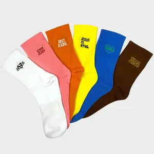 Solid Embroidered Mid-calf Socks, Casual Soft Comfy Warm Socks for Fall & Winter, Socks for Daily, Embroidered Jesus Sport Socks