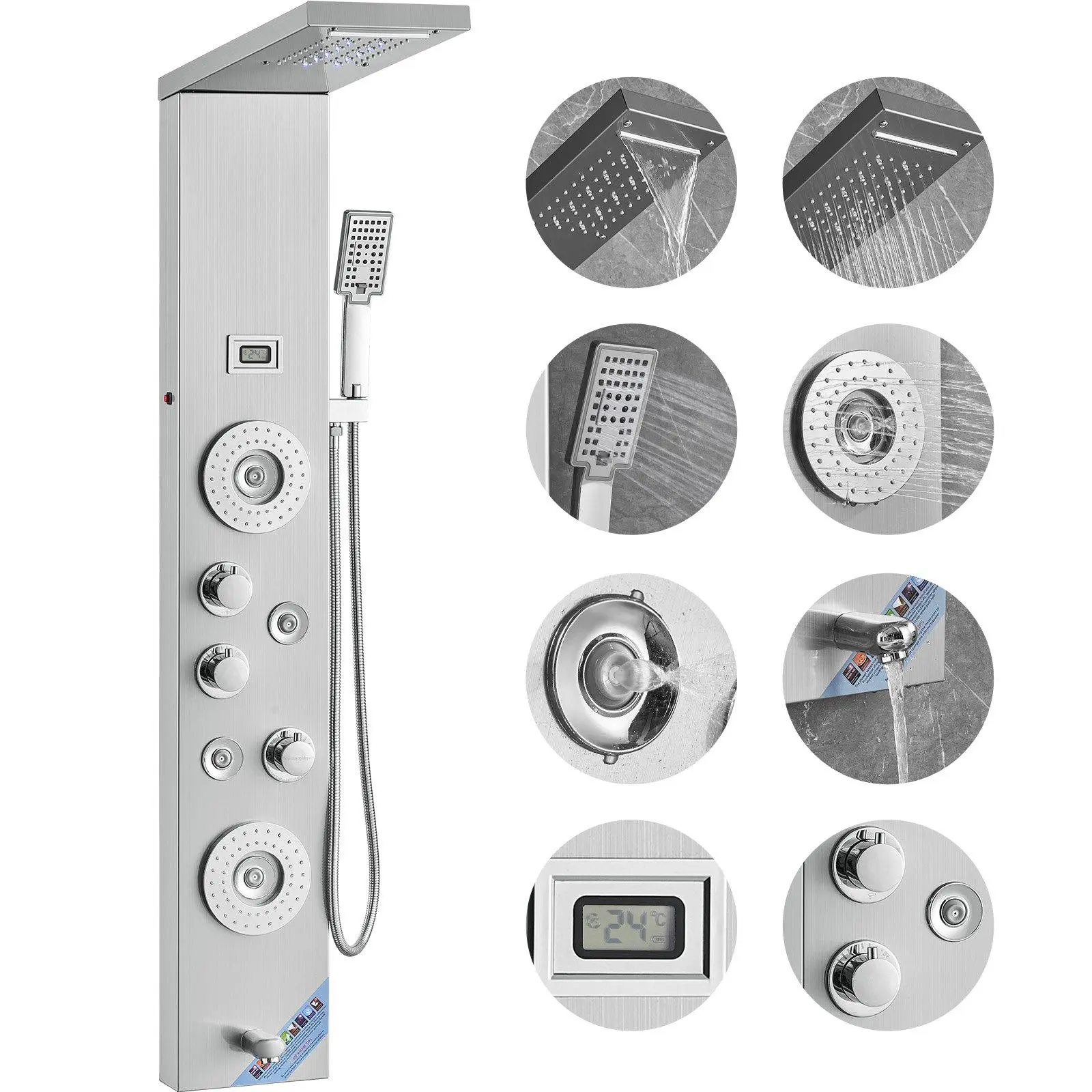 LED Digital Display Shower Panel Tower System, 6 Independent Shower Modes with Rainfall & Waterfall Dual Top Spray, 4 Body Massage Jets, Tub Spout and 59 Inch Handheld Shower Head, Wall Mounted 304 Stainless Steel Bathroom Shower Set