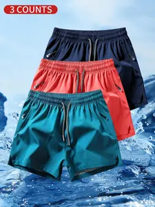 Men's Solid Color Zipper Pocket Beach Shorts, Breathable Quick Drying Drawstring Waist Swim Shorts, Swimming Shorts, Swim Trunks, Casual Comfy Men's Shorts for Summer Beach Vacation, Swimwear with Pockets