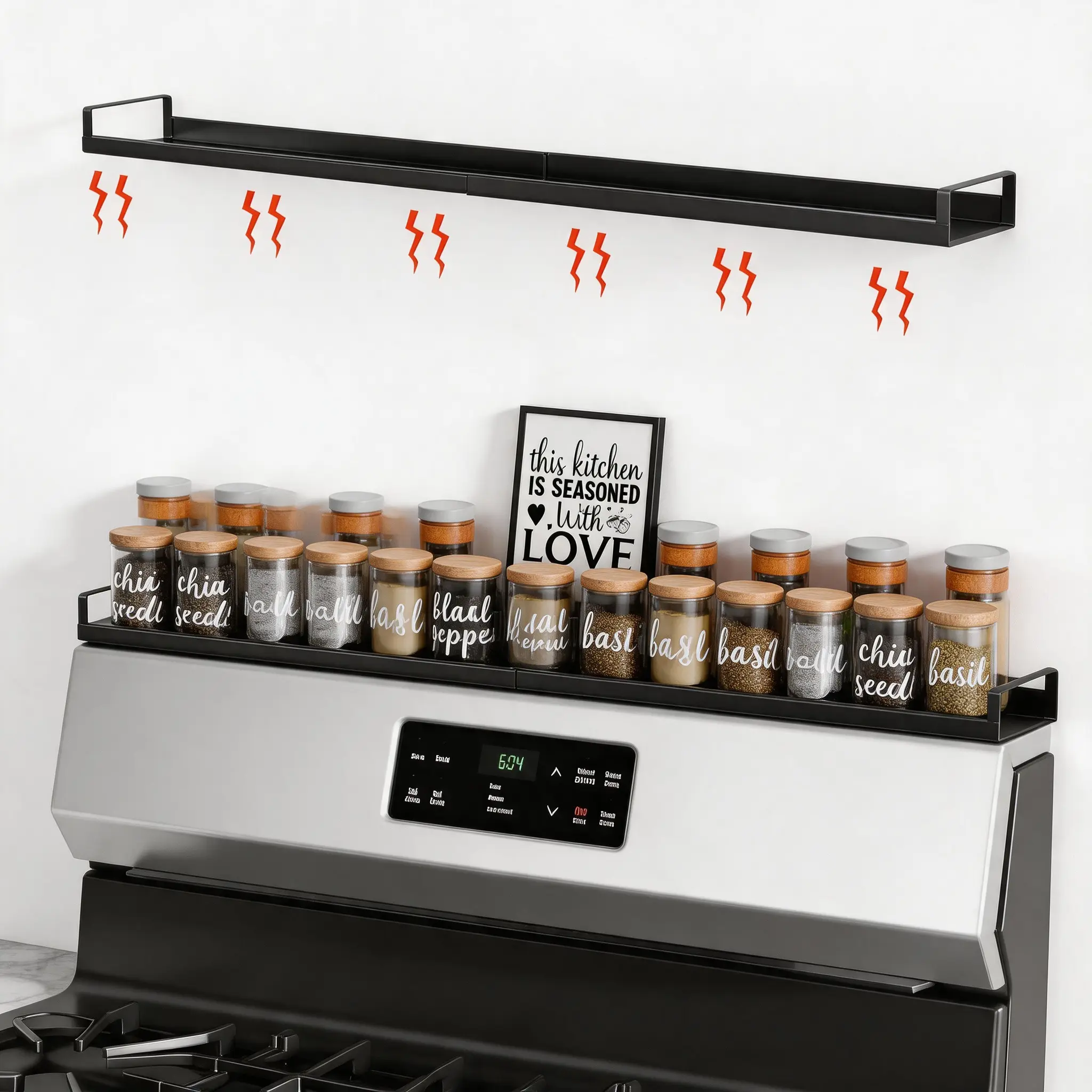 Magnetic Over Stove Spice Rack | 20"-30" Expandable Matte Black Metal | Instant Space Saver for Kitchen Counter Clutter | Renter Friendly Home Hack