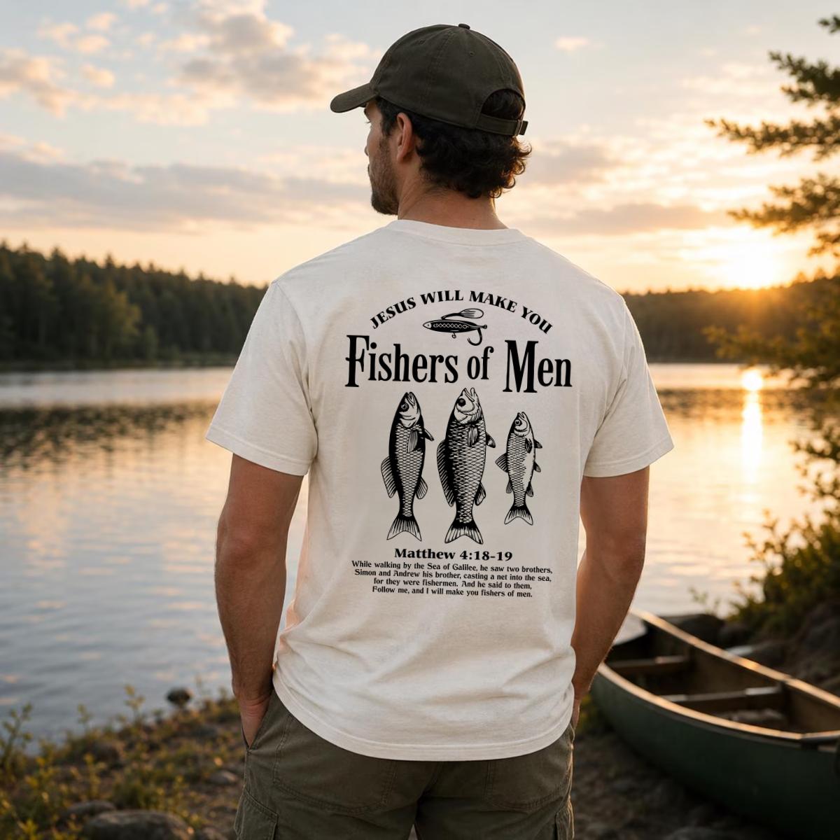 Fishers Of Men Christian T-Shirt, Small Front Faith Fishing Print , Matthew 4:18-19 Fish Scripture Back Design, Christian Fishing Lifestyle, Faith Based T-Shirt