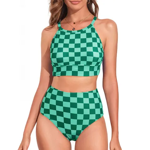 Aleumdr Women's 2-Piece High Neck Tropical Leaf Print Colorblock Bikini Set - High Waisted Tummy Control Quick-Dry Fabric Swimsuits for Beach Party, Summer Vacation