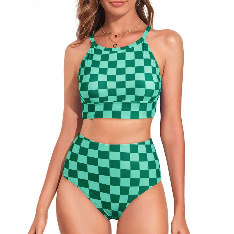 Aleumdr Women's 2-Piece High Neck Tropical Leaf Print Colorblock Bikini Set - High Waisted Tummy Control Quick-Dry Fabric Swimsuits for Beach Party, Summer Vacation