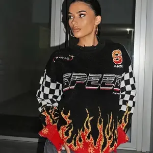 NōMA Y2K Streetwear Sweater Flame Pattern Long Sleeve Women's Clothing with Speed Graphic Design Sweatshirts Tops Womenswear Fashion Polyester