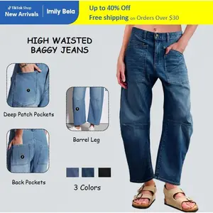 Womens Baggy Barrel Jeans Boyfriend High Waisted Wide Leg Cropped Ankle Denim Pants