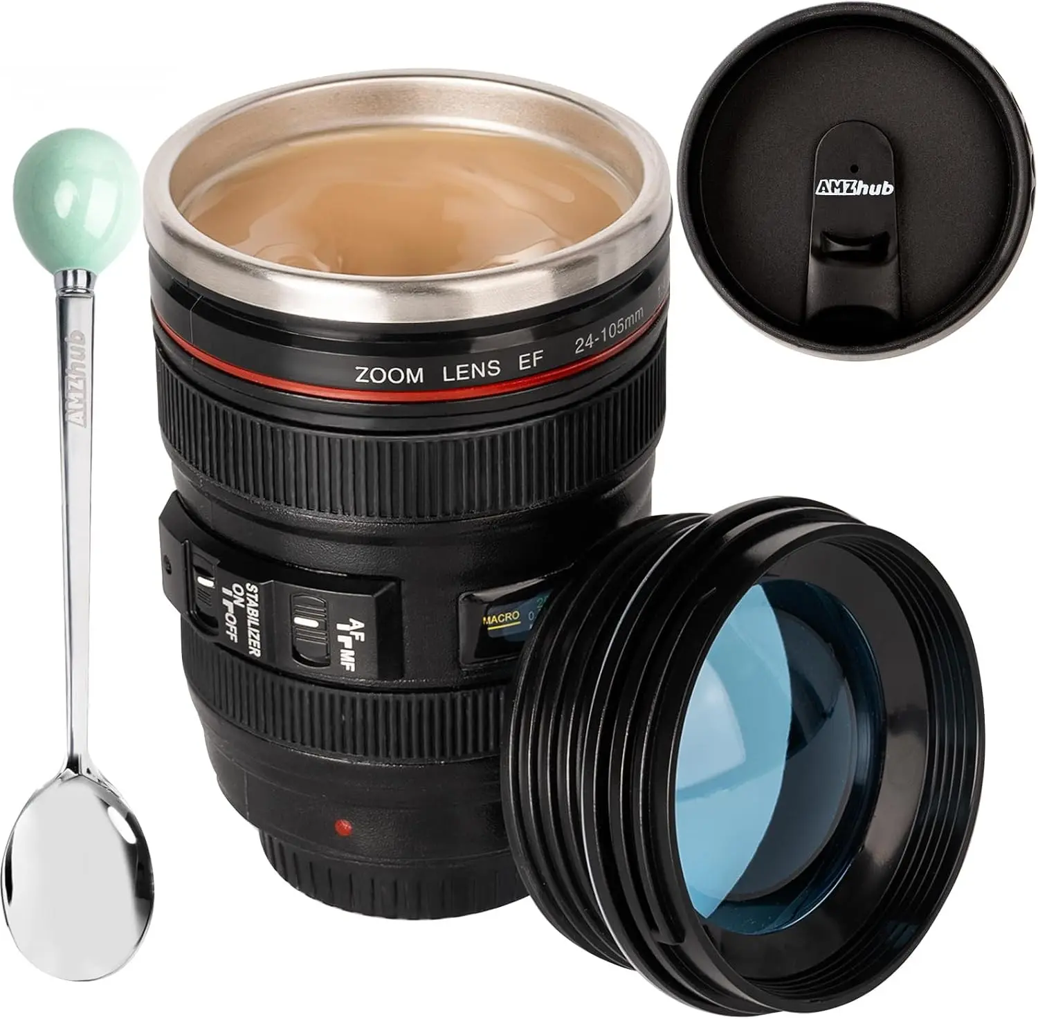 Camera Lens Coffee Mug Travel Stainless Steel Thermos Cup with Lid and Spoon Cool Gifts for Photographers Men and Women