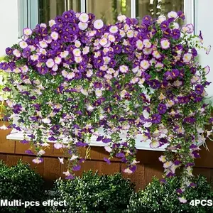 Four Artificial Morning Glory Hanging Flowers, Accompanied by Eucalyptus Leaves, Designed for Outdoor Use. They Feature UV Protection And a Realistic Look, Making Them Suitable for Flower Pots, Porches, Balconies, And Yard Decorations, Garden Ornaments
