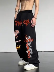 Men's Casual Sport Pants, Cross & Dragon Pattern Print, Drawstring Wide Leg, All Seasons Loose Fit, Men's Fashion Long Pants, Athleisure Style Bottoms
