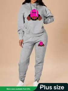 【Plus Size】 Cartoon Print Pocket Hoodie & Sweatpants Set, Casual Long Sleeve Hooded Sweatshirt & Jogger Pants, Women's Fall & Winter Clothes