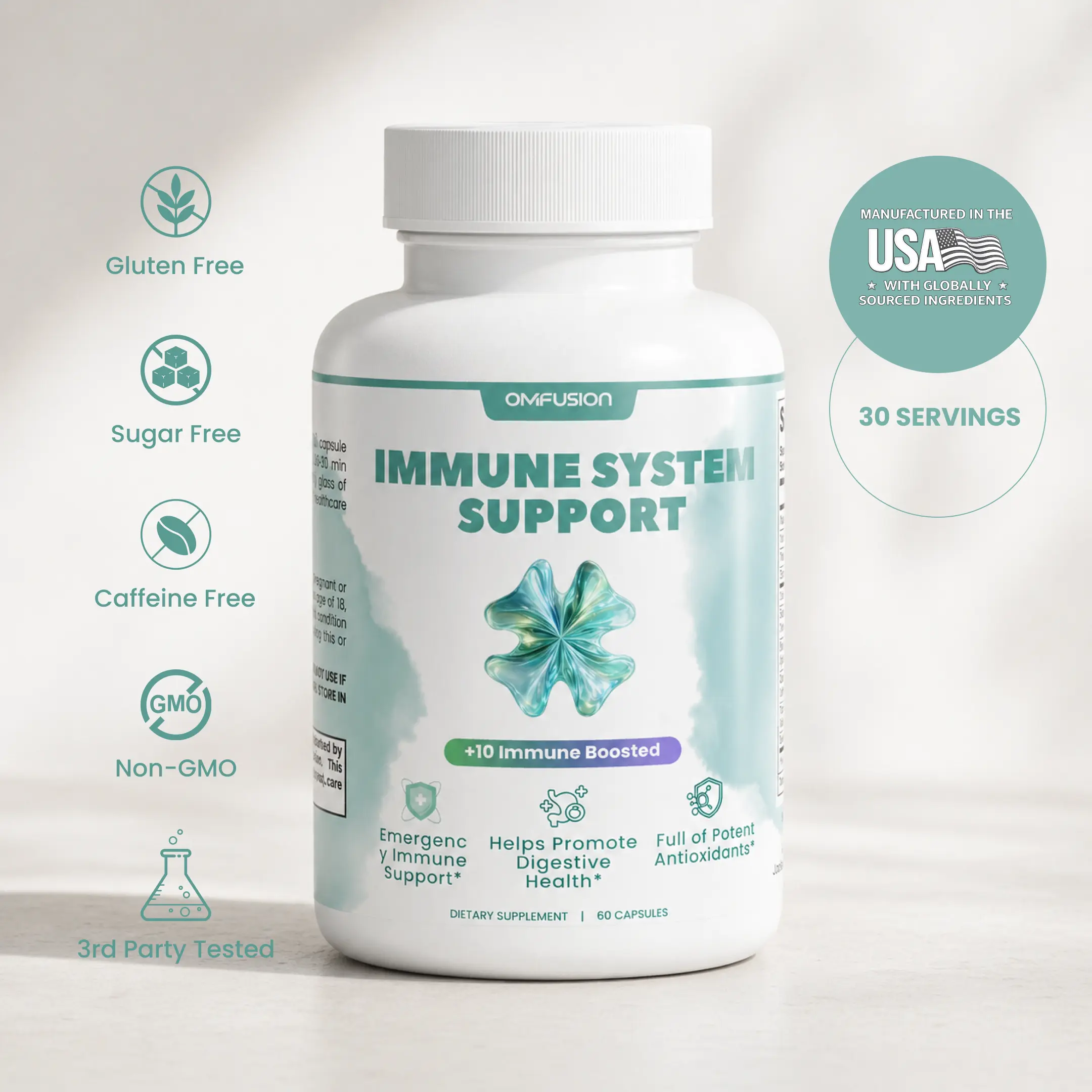 OM FUSION Immune System Support with Vitamin C, Zinc, Elderberry, Echinacea, Turmeric and Probiotic, 60 Capsules