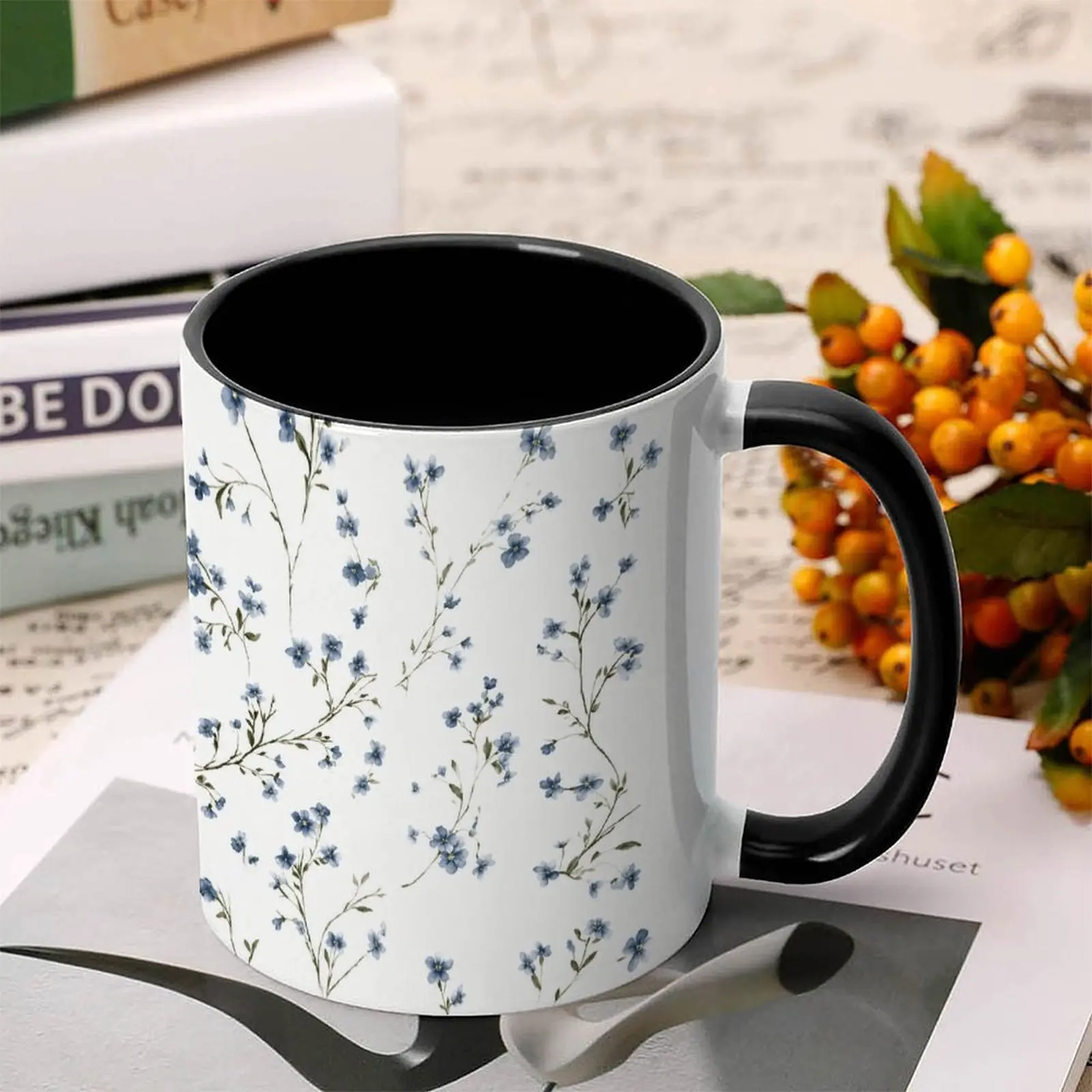 Aesthetic Blue Forget-Me-Not Floral Ceramic Single Mug with Pink Handle, Custom Name Kitchen Drinkware (0-500 ml, Washable), Perfect Mother's Day Gift for Her Mom