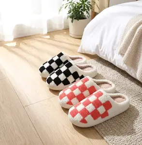 Women's Stylish Easy Checkered Fuzzy Slippers, Indoor Comfort with Thick, Soft, Warm, Silent Non-Slip Soles, Suitable for Couples