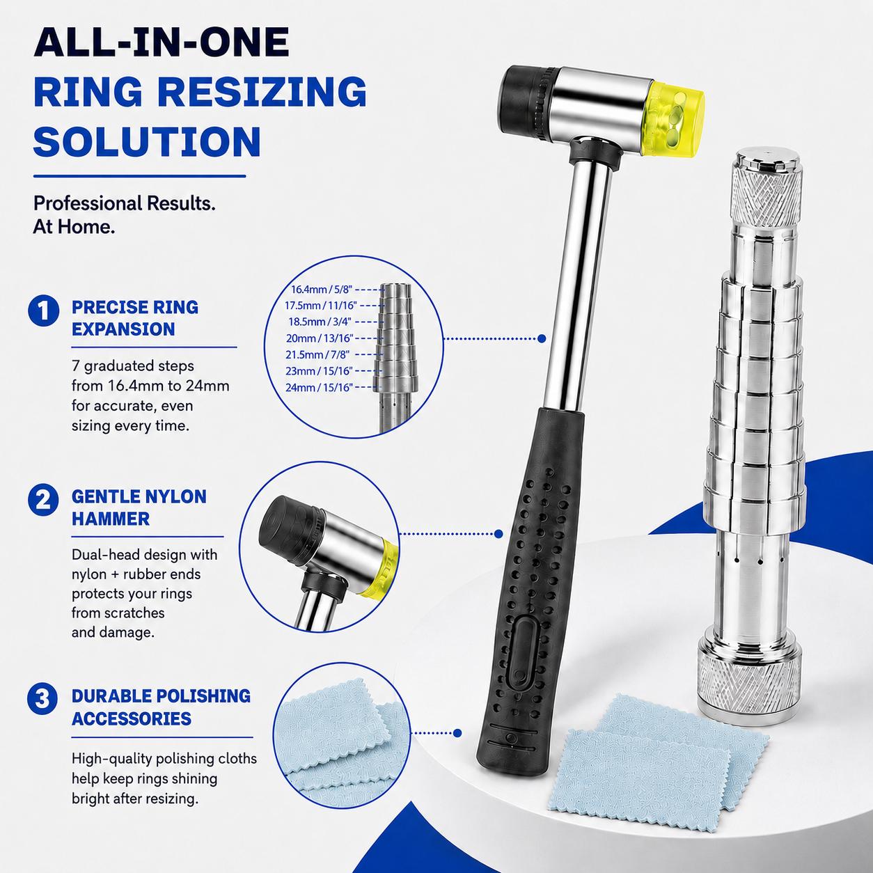 Ring Stretcher Tool Kit Ring Enlarger Mandrel with Dual-Head Nylon Hammer & Polishing Cloth for Jewelry Ring Resizing and Repair