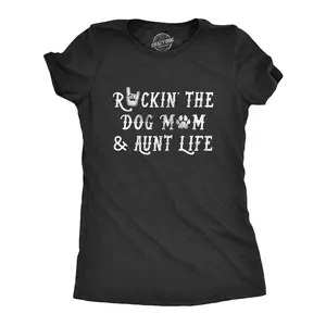 Womens Rockin The Dog Mom and Aunt Life T Shirt Funny Pet Puppy Lover Graphic Novelty Tee Funny Womens T Shirts Cute Vintage Fashion Casual Ladies T-Shirt Gift Aunt Tops for Women Funny Dog Top Women's Novelty Black