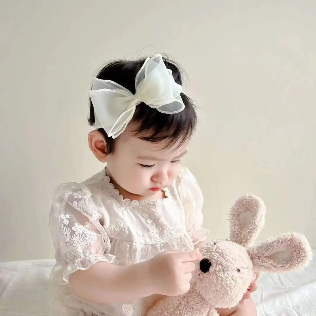 Cute Lace Bow Baby Girls Headbands Large Knot Hair Band Soft Chiffon Hairband Elastic Shower Hair Accessories Baby Big Head Bow for Newborn Infant Toddler Kids Children