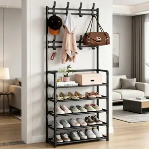 All-in-One Entryway Organizer Shoe Rack with Hooks for Mudroom Modern Design Durable Construction 5-Tier Shelves 8 Hooks Space-Saving Slim Vertical Design Sturdy Metal Build 20lbs Load Capacity Easy Assembly Clean Versatile Use