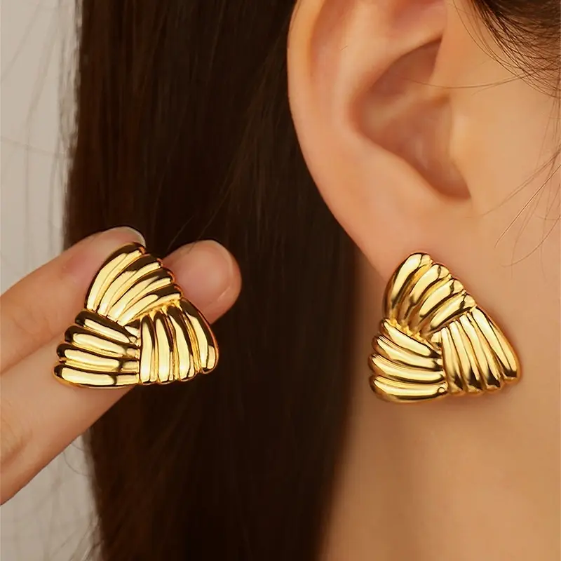 1 pair Simple Triangle Design Enchapped Steel Earrings in Gold Imitation Finish Stylish and Elegant Look