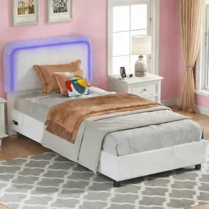 Twin Size Boucle Bed Frame, Adjustable Rounded Corners Headboard with LED Lights, Upholstered Teddy Fabric Bed Frame with Charging Station, No Box Spring Required, Easy Assembly, Beige