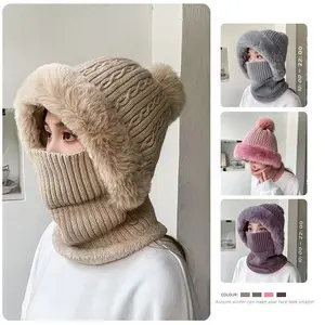 Women's Two-Piece Set New Fall Winter Fleece Lined Scarf Hat Combo, Warm Knitted Beanie Cap for Outdoor Cycling, Thick Woolen Hooded Caps