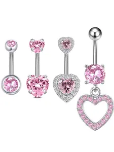 4-Piece Stainless Steel Zircon Heart Pendant Navel Rings, Long and Short Combo, Suitable for Women, Adjustable Heart Navel Ring