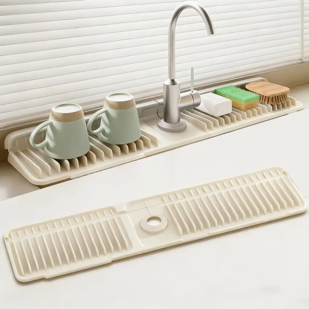 24''x5.5'' Adjustable Food-Safe Silicone Kitchen Sink Faucet Mat, Water Splash-Proof Guard with 7° Slope for Fast Self-Drains, Easy-to-Clean Kitchen Accessories