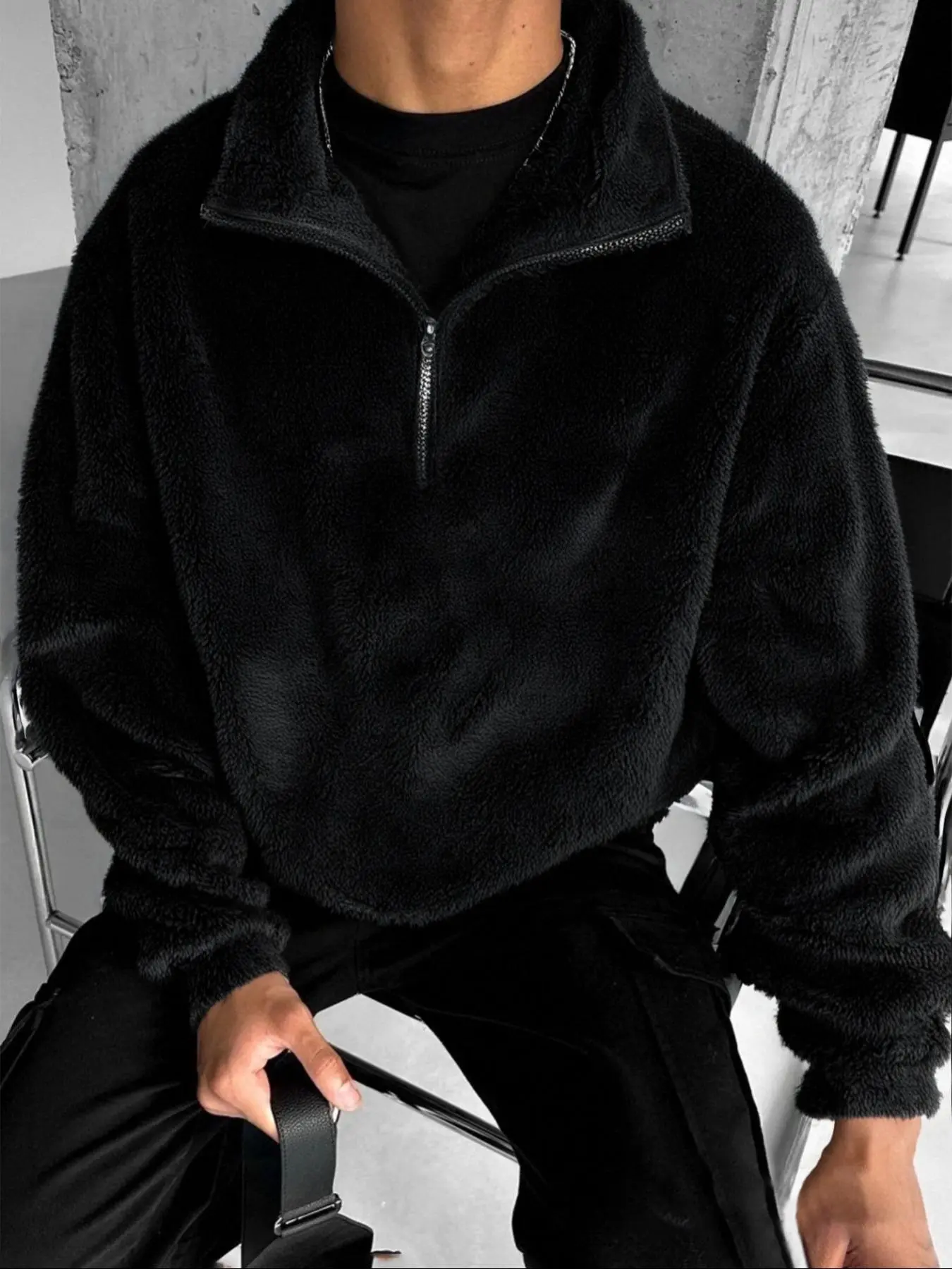 Men's Regular Fit Solid Color Fuzzy Long Fleece Jacket, Casual Comfy Sherpa Coat for Daily Outdoor Wear, Men Cloths for Fall & Winter, Tops