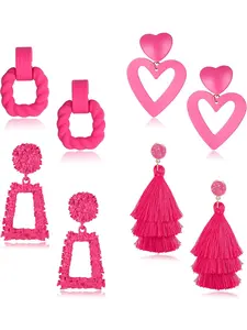 4 Pairs Statement Earrings Drop Earrings Dangle Rectangle Geometric Earrings for Women Boho Long Tassel Earrings Hot Pink Double Heart Earrings for Women
