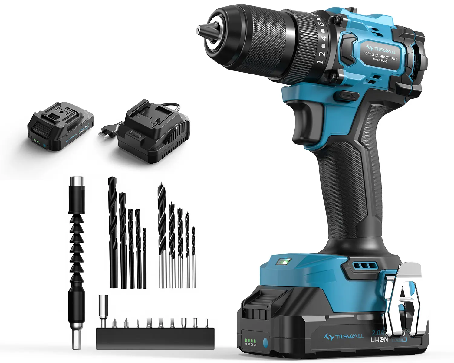 Tilswall 20V Cordless Drill, Power Drill with 65N.m High Torque, 18+1 Torque Settings, 1/2-Inch Keyless Chuck, Two Variable Speed, Battery and Charger, with LED for Craftsmen DIY，home toolbox kit，Boyfriend Father gift 【BLACKFRIDAY DEAL】