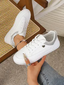 Women's Casual Sneakers, Silver Color Heart Design, Laces Round Toe, All-Season Comfortable Shoes, Versatile Commuter Footwear