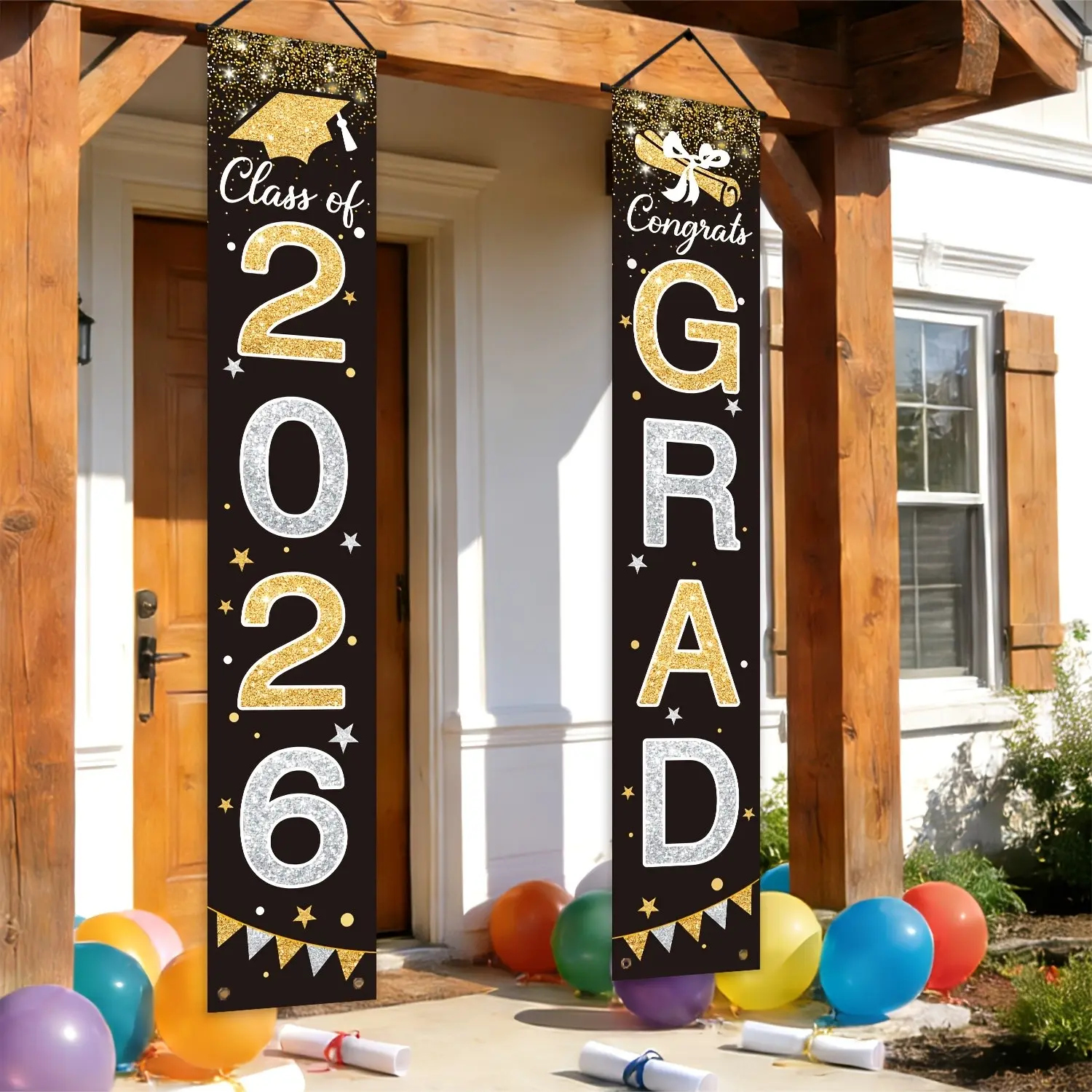 2D Flat Banner, 1 Pair, Hanging Graduation Party Congrats Banner, Bachelor Hat Theme, Polyester, for High School Graduation, Classroom, Yard, Garage, Home Wall Decor, Hanging Banners, Graduations Decoration, Party Decorations Banners