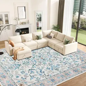 Washable Area Rug, 9x12 Boho Floral Soft Rugs for Living Room, Non Slip Low Pile Carpet for Bedroom, Dining Room, Nursery, Hallway, Blue