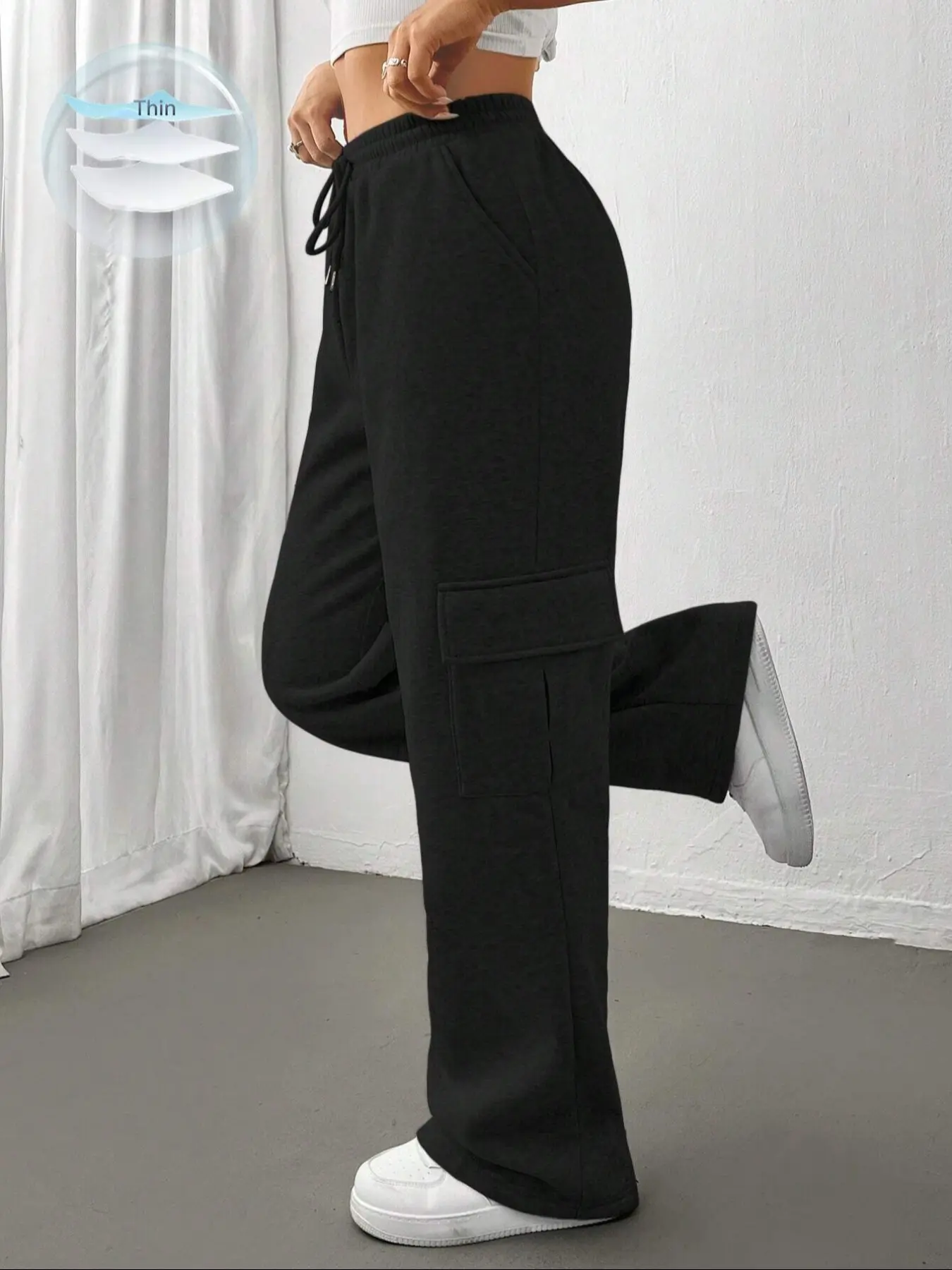 Cargo Pants High Waist Drawstring Wide Leg, Women Loose Fit Basic Casual Plain Solid Design, Large Pockets, American Street Style Sportswear Womenswear, Casual Streetwear Trousers