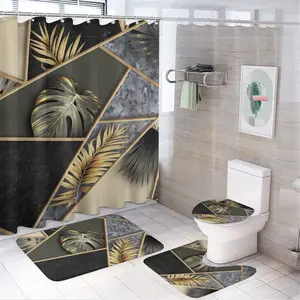 Leaf patchwork pattern 3D Printing Photo Style shower curtain Sets with Rugs 4 Piece Gold Flowers Leaves Bathroom Decor Set with Non-Slip Rugs Toilet Lid Cover and Bath Mat, Home Bathroom Shower Curtain Set with 12 Hooks