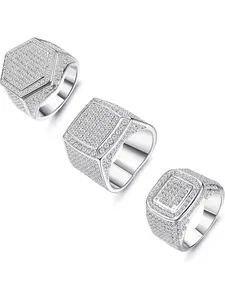 Sparkling 3 Pcs Silvery Cool Iced Out Jewelry Rings Big Hip Hop Cuban Style Punk Rings for Men Women Bling Luxury Oversize Men's Club Heavy Metal Band Stainless Steel Rings for Halloween Elegant Exaggerated Ring