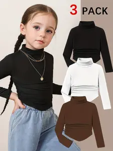 Girls' Trendy 3-Pack Solid Turtleneck Crop Top, Ruched Side Fitted Design, Casual Loose Fit Daily Wear, Perfect for Everyday