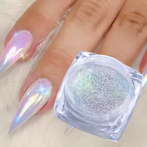 1 Box Holographic Nail Glitter Powder Rainbow Color Neon Effect Nail Art Flakes Chrome Nail Powder Dust with White Pearl for Nail Decoration