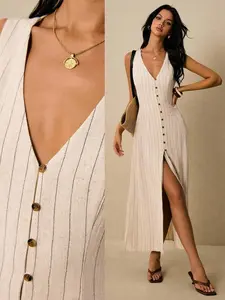 Women's Dresses Linen Dresses Tie Back Waist Button Placket Striped Dress Vest Dress Boho Holiday Women's Sleeveless Striped Dress Casual Vacation Y2k Clothes Country Concert Outfit Old Money Streetwear Going Out Outfits Vintage