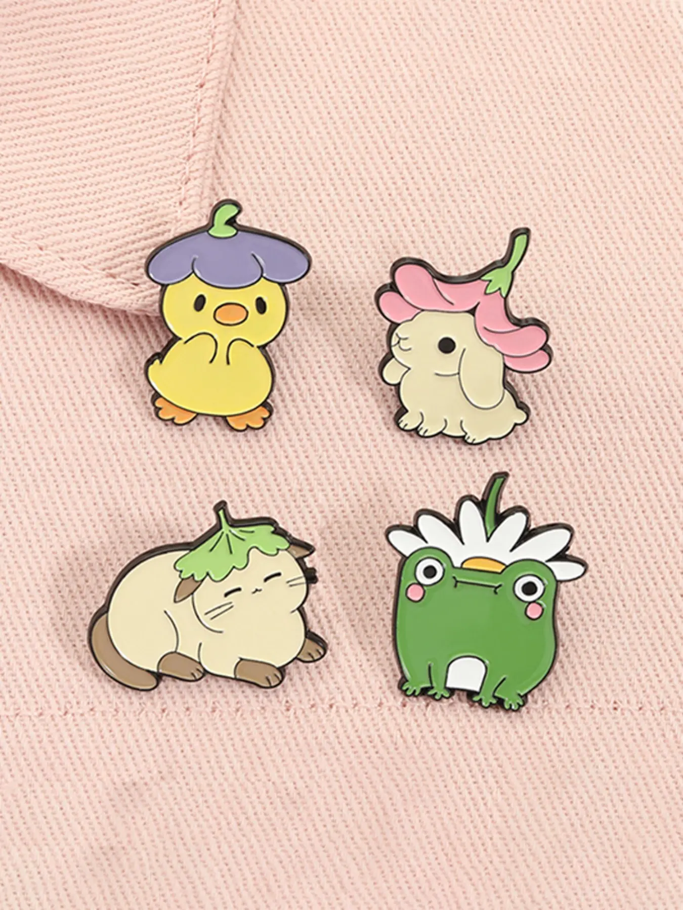 4pcs/set Cute Bunny Flower Hat Floral Accent Enamel Pins Kawaii Frog Yellow Duck Cat Animal Alloy Brooches Lapel Backpack Badge Fashion Jewelry Accessories Gifts for Friends Decor Pins