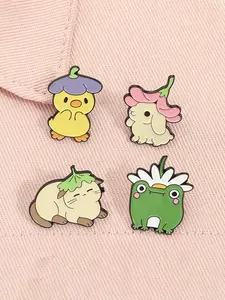 4pcs/set Cute Bunny Flower Hat Floral Accent Enamel Pins Kawaii Frog Yellow Duck Cat Animal Alloy Brooches Lapel Backpack Badge Fashion Jewelry Accessories Gifts for Friends
