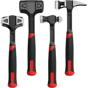 4- Hammer Set - 2LB Blow, 24oz Ball Peen, 20oz Claw, 3LB Sledge - Carbon Steel Forging, Anti-Slip Rubber Grip for Garage & DIY Projects