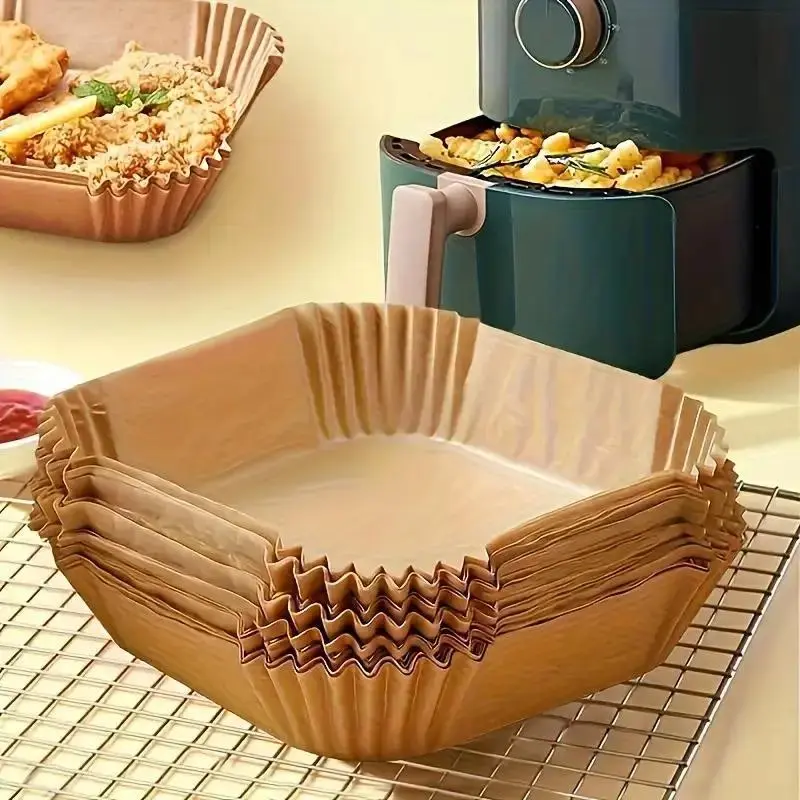 100 Pieces of Light Brown Non-stick Air Fryer Accessories Disposable Square Liners - Easy To Clean and Healthier Cooking Nestable Bakeware Lightweight paper