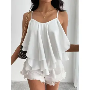 Women's Lightweight Chiffon Ruffle-Trimmed Layered Camisole Blouse - Off-Shoulder Summer Top with Asymmetrical Hem, Machine Washable & Breathable for Casual Outings, Relaxed Fit Blouse |     Offshoulder Blouse |     Delicate Texture