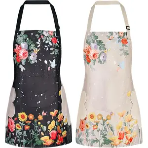 2 Pack Floral Aprons with Pocket Blooming Womens Waterproof Adjustable Cooking Aprons Kitchen Gardening Salon