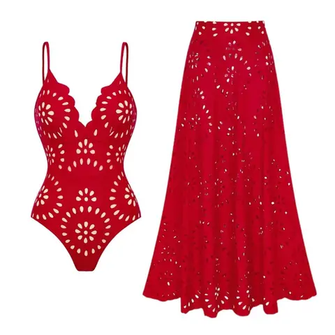 FLAXMAKER Women's Red Laser Cut Mesh V Neck One Piece Swimsuit with Matching Maxi Skirt Set Adjustable Strap Restor Bathing Suits Stylish Resort Beachwear Flowy Swimdress Beach Outdoor Wear#dailydeals#tiktokshopstockup