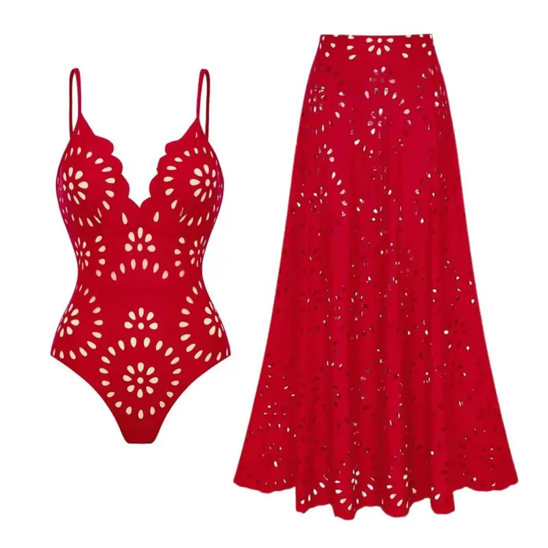 FLAXMAKER Women's Red Laser Cut Mesh V Neck One Piece Swimsuit with Matching Maxi Skirt Set Adjustable Strap Restor Bathing Suits Stylish Resort Beachwear Flowy Swimdress Beach Outdoor Wear#dailydeals#tiktokshopstockup