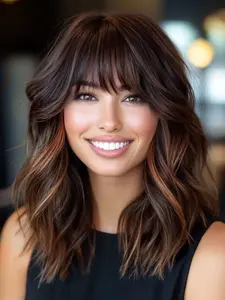 Short Wavy Wigs for Women Bob Wavy Wig with Bangs Synthetic Wig Natural Shoulder Length Loose Wave Wigs for Daily and Cosplay Synthetic Material Wigs