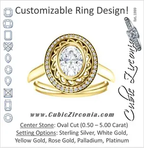 Cubic Zirconia Engagement Ring- The Bessie (Customizable Cathedral-Bezel Oval Cut Design with Flowery Filigree and Halo)