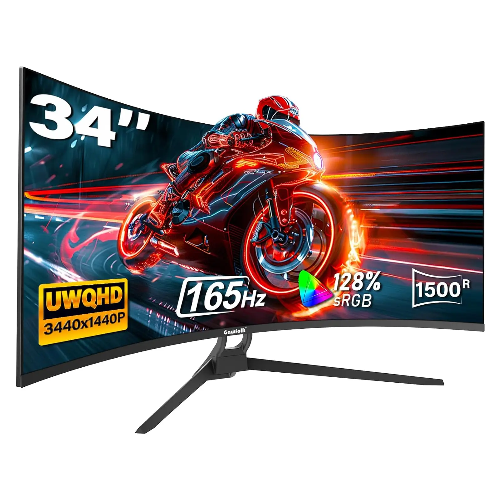 Gawfolk 34 Inch Ultrawide Curved Gaming Monitor, 1500R PC Screen UWQHD 3440x1440, 165/144hz Curved Computer Screen with FreeSync, Multi-Directional Adjustable Base