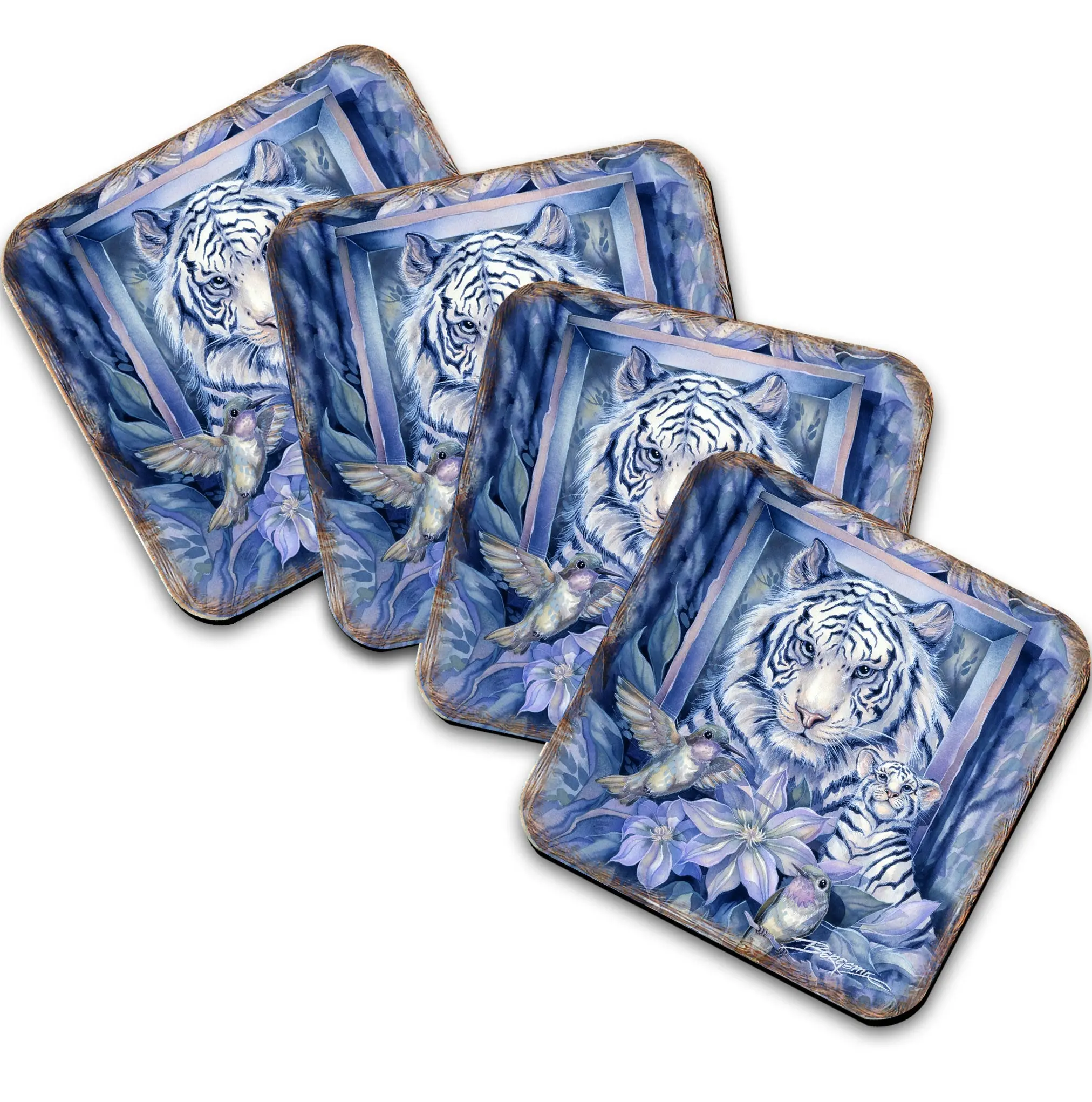 Tiger in the Garden Wooden Cork Coasters Gift Set of 4 by J. Bergsma - Wildlife Decor  - 8199461C-S4